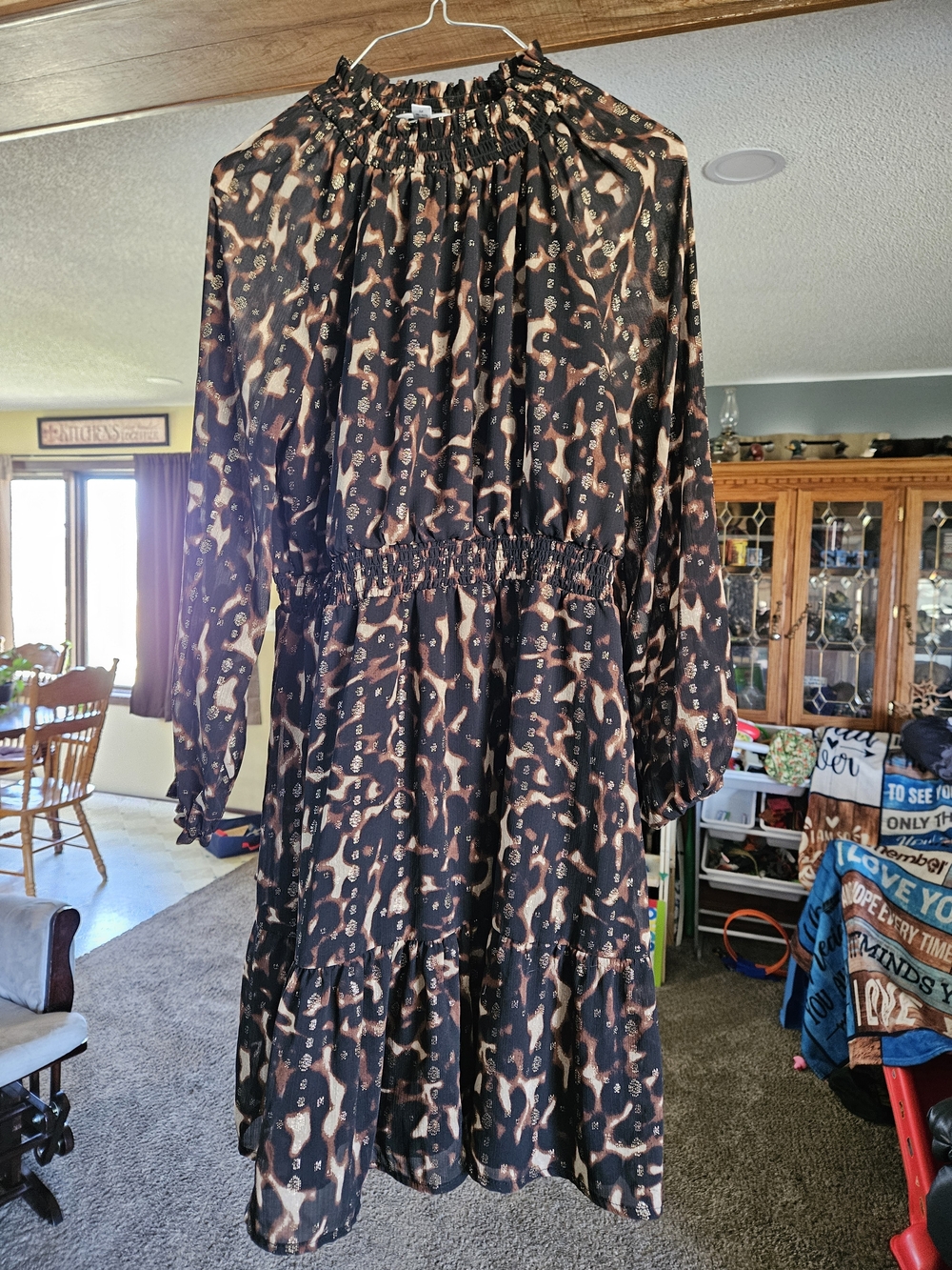 Time and Tru Black and Brown Printed Long Sleeve Smocked Dress